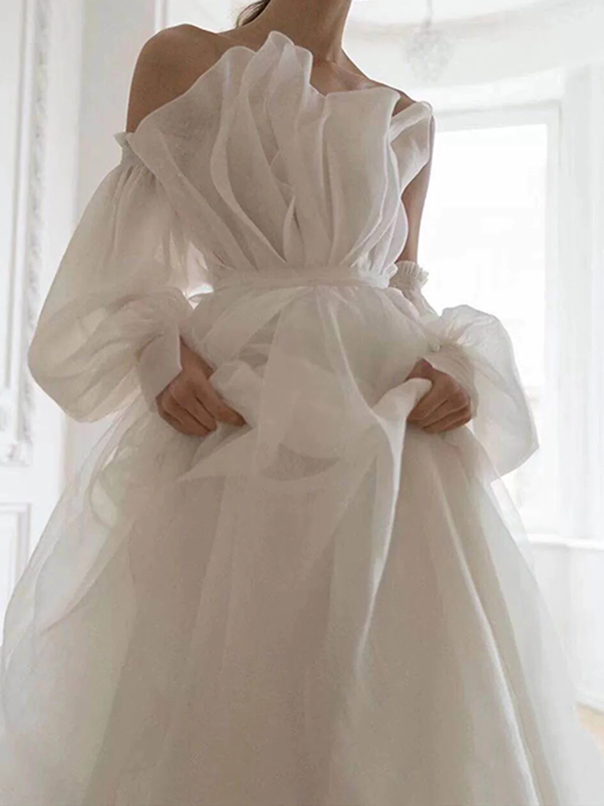 A Line White Long Organza Formal Prom Dresses Formal Dresses
