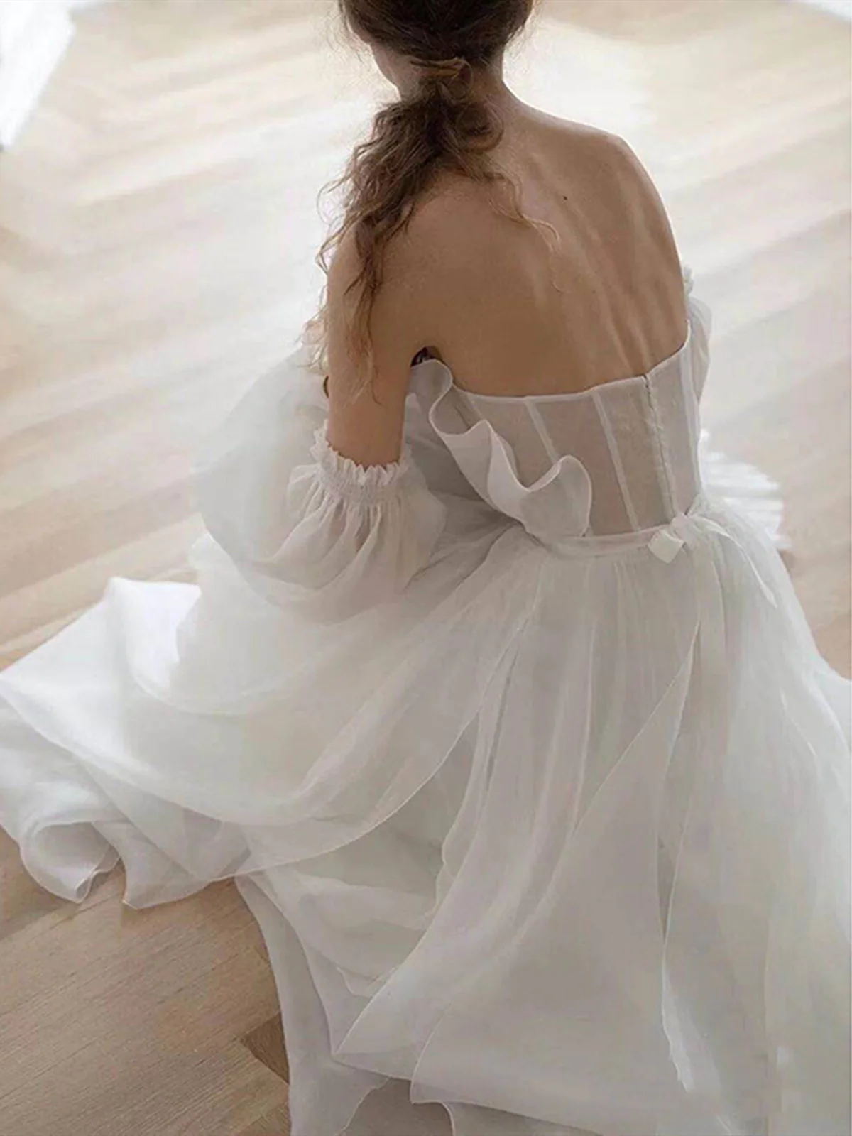 A Line White Long Organza Formal Prom Dresses Formal Dresses