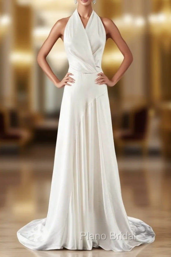 A-Line White Satin Halter Backless Wedding Dresses Main image