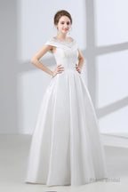 A-Line White Satin Lace Off The Shoulder Wedding Dresses