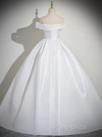 A-Line White Satin Long Formal Prom Dresses, White Long Formal Dresses