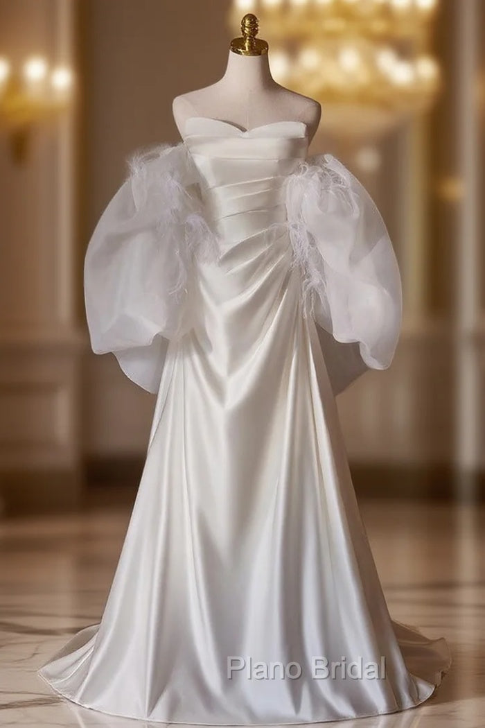 A-line White Satin Pleats Wedding Dresses Main image