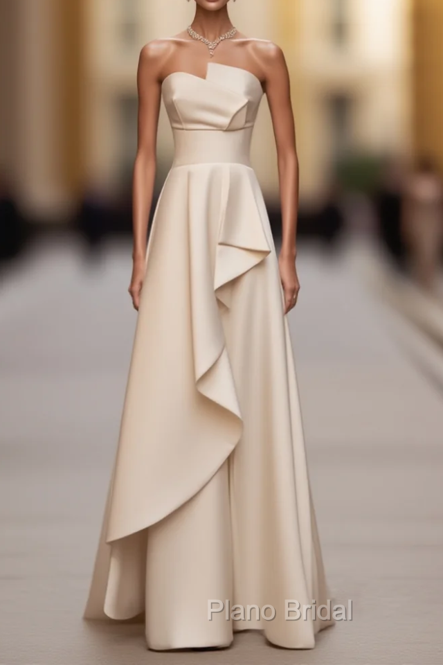 A-Line White Satin Strapless Wedding Dresses Main image