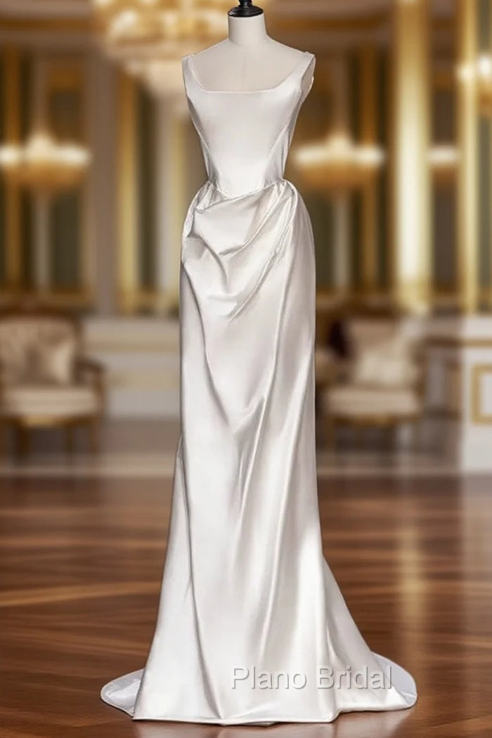 A-line White Satin Straps Wedding Dresses