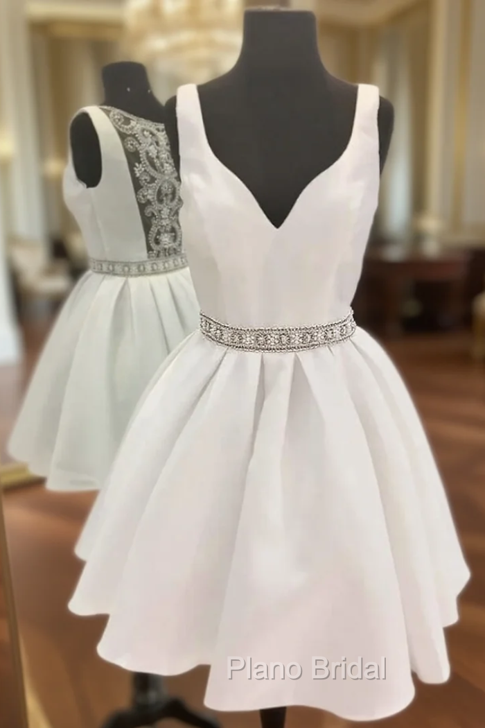 A-Line White Satin V-neck Beading Homecoming Dresses Main image