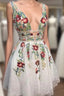 A-Line White Short Homecoming Dresses With Floral