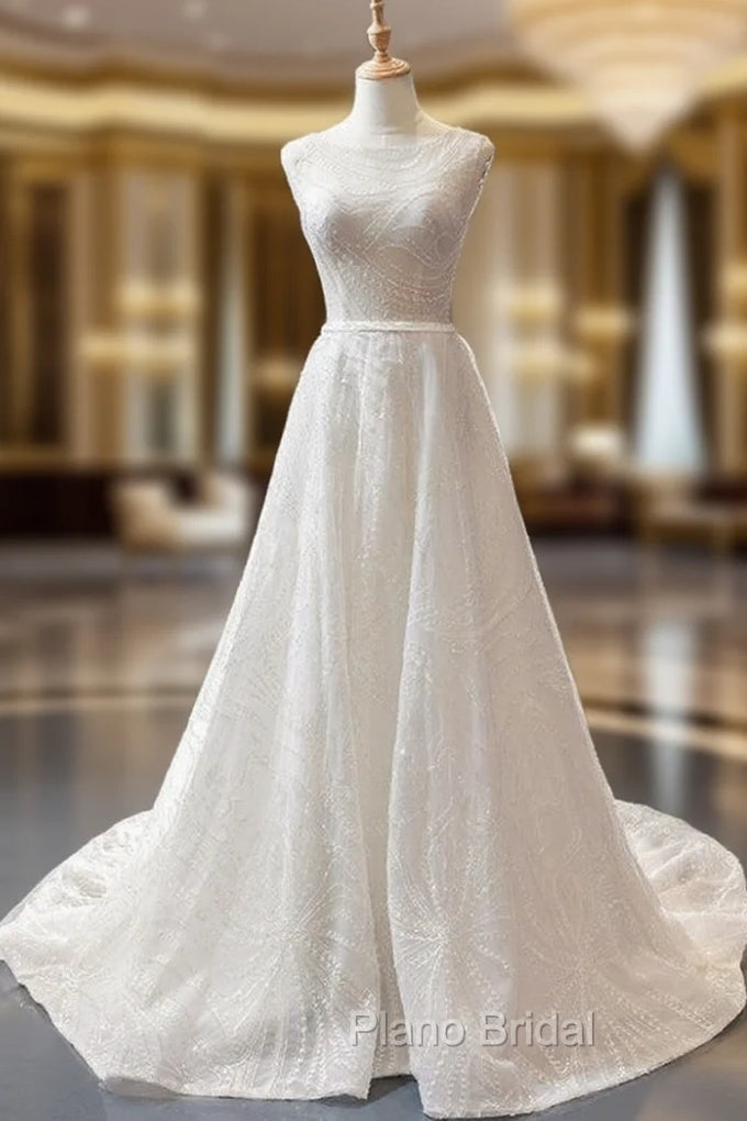 A-Line White Tulle Backless Sexy See Through Wedding Dresses With Beading