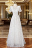A-Line White Tulle Sequins Short Sleeve Formal Prom Dresses