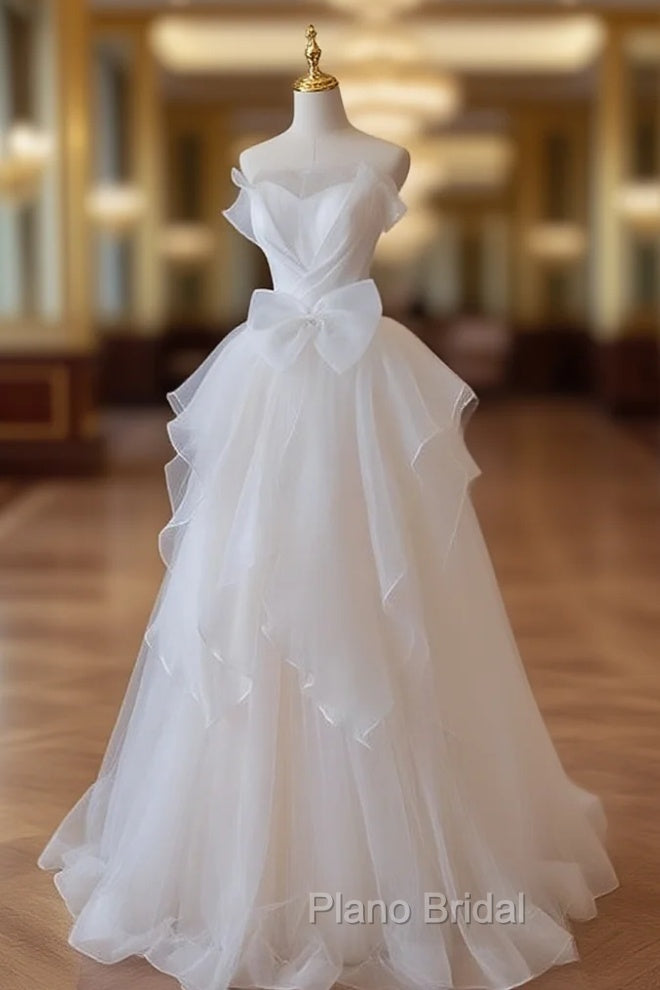 A-Line White Tulle Wedding Dresses With Bow