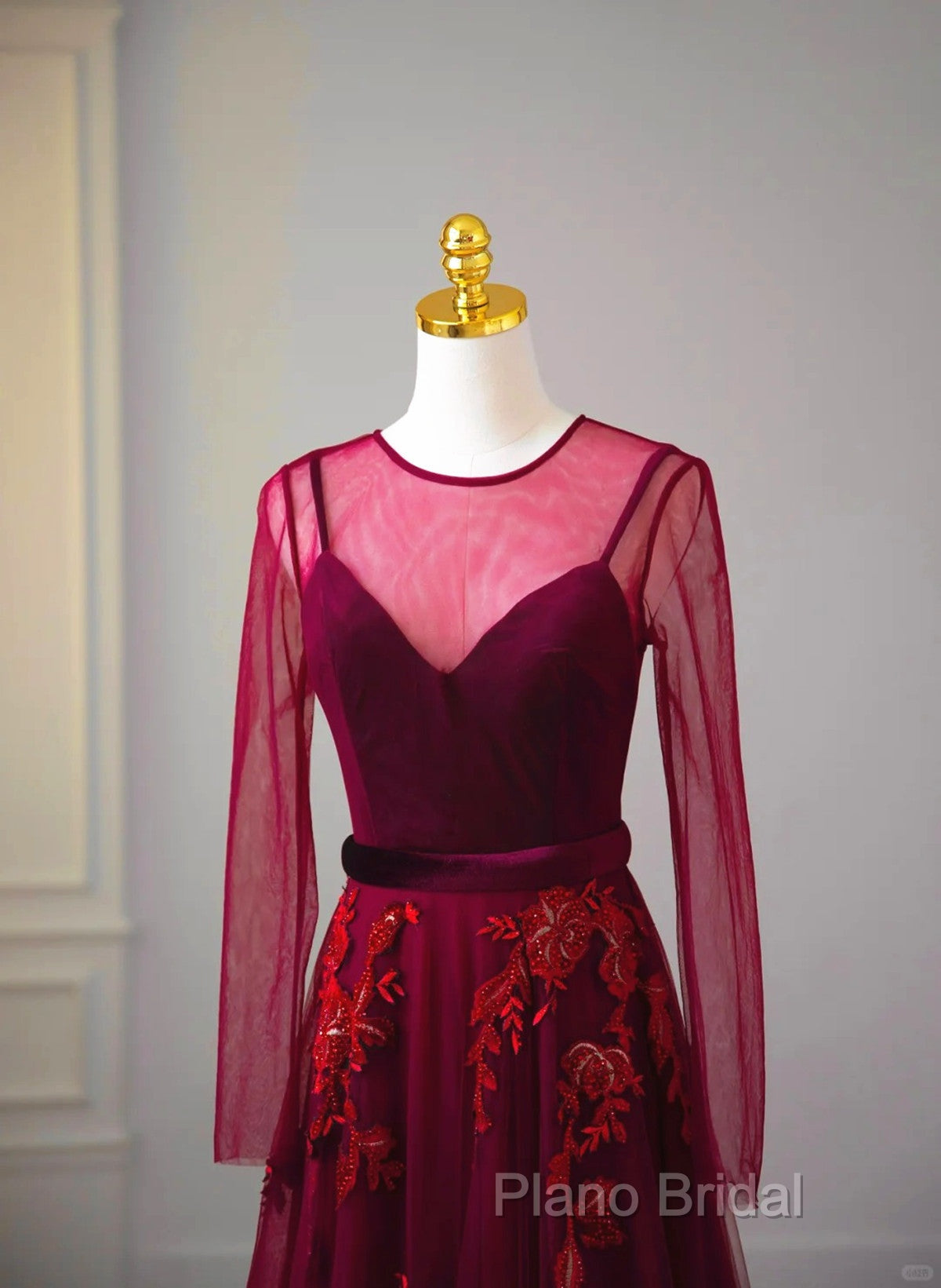 A-Line Wine Red Velvet And Tulle Long Party Dresses, Wine Red Formal Dresses Formal Prom Dresses