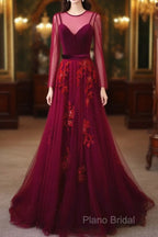 A-Line Wine Red Velvet And Tulle Long Party Dresses, Wine Red Formal Dresses Formal Prom Dresses