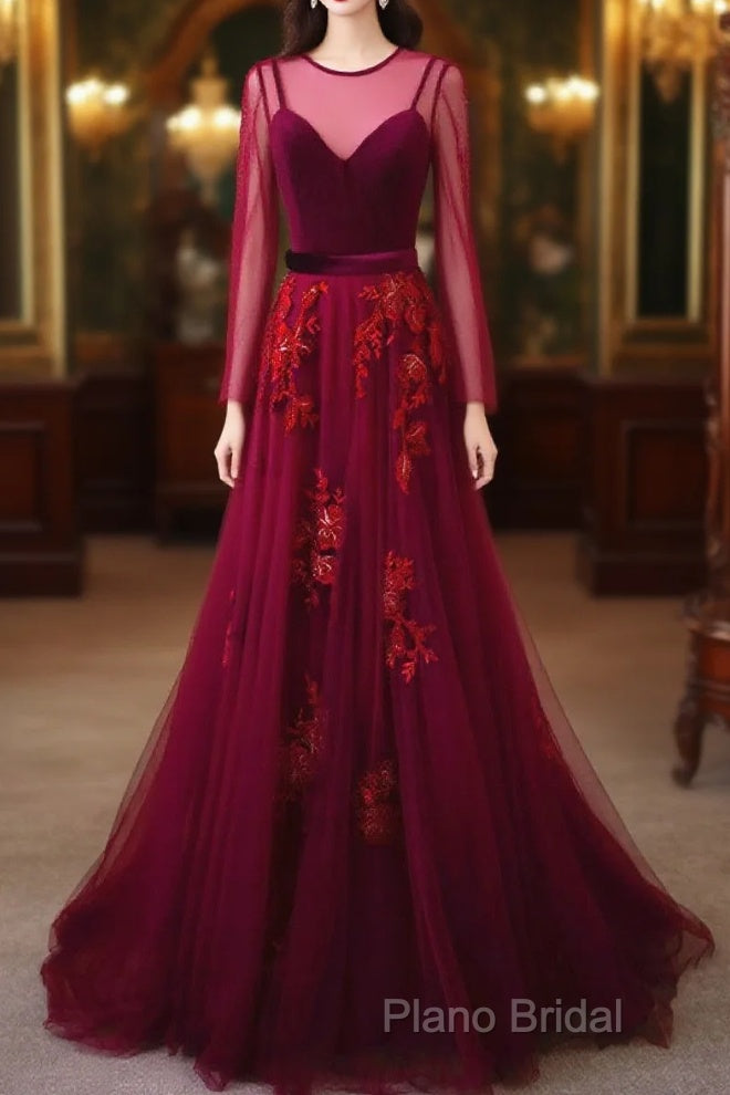 A-Line Wine Red Velvet And Tulle Long Party Dresses, Wine Red Formal Dresses Formal Prom Dresses Main image