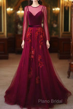 A-Line Wine Red Velvet And Tulle Long Party Dresses, Wine Red Formal Dresses Formal Prom Dresses