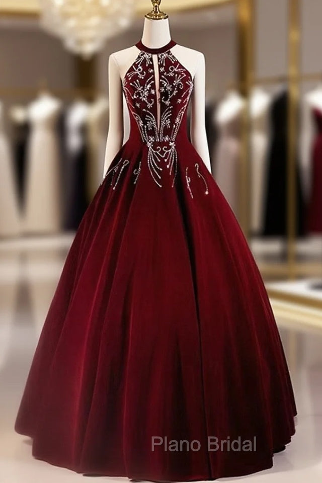 A-Line Wine Red Velvet Beaded Party Dresses, Wine Red Long Formal Prom Dresses Main image