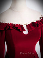 A-line Wine Red Velvet Long Sleeves Low Back Formal Prom Dresses, Wine Red Party Dresses