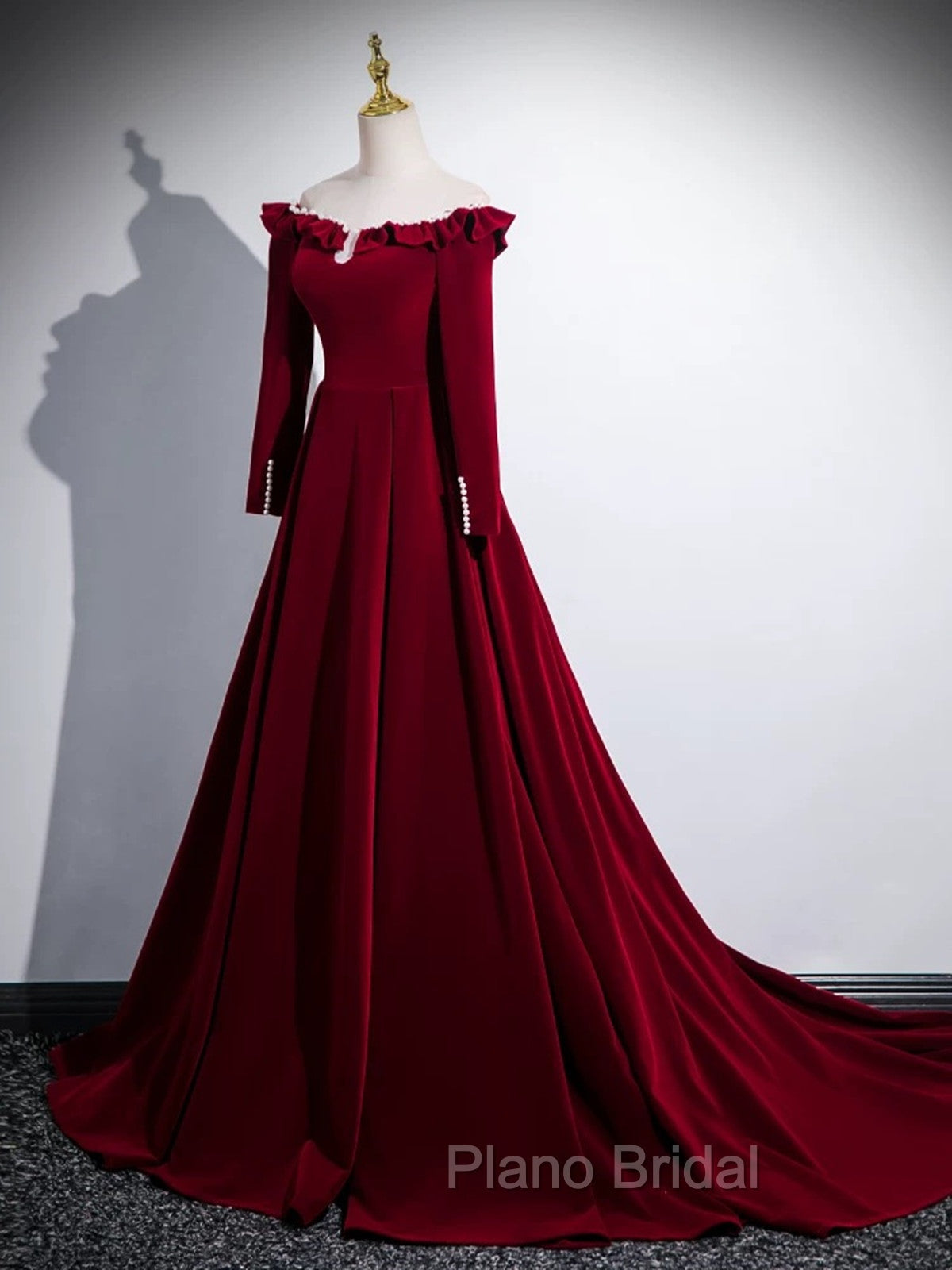 A-line Wine Red Velvet Long Sleeves Low Back Formal Prom Dresses, Wine Red Party Dresses