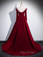 A-line Wine Red Velvet Long Sleeves Low Back Formal Prom Dresses, Wine Red Party Dresses