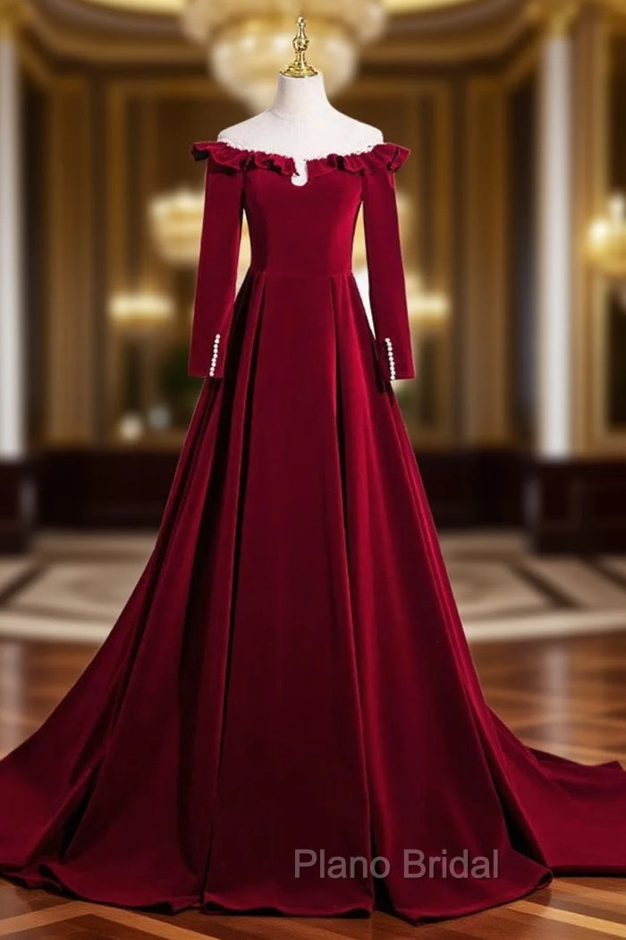 A-line Wine Red Velvet Long Sleeves Low Back Formal Prom Dresses, Wine Red Party Dresses Main image