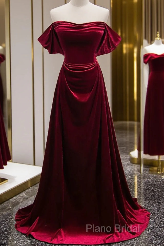 A-Line Wine Red Velvet Sweetheart Wedding Party Dresses, Wine Red Velvet Formal Prom Dresses Main image