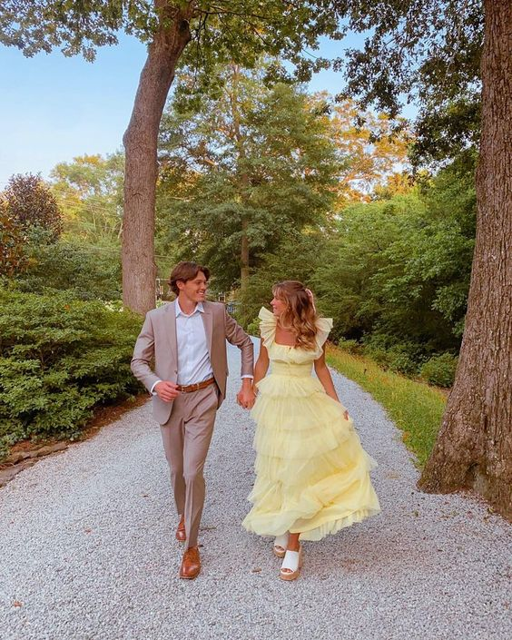 Yellow Fashion Square Neck A-Line Multi-Layered Long Tulle Ball Gown Evening Dress Secondary image