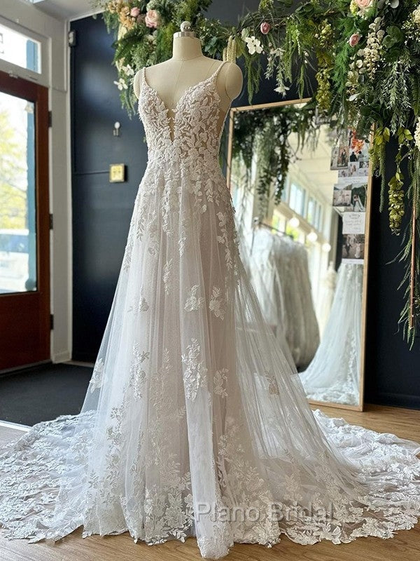 A-Lineprincess Lace Applique V-Neck Sleeveless And Floor Length Wedding Dresses