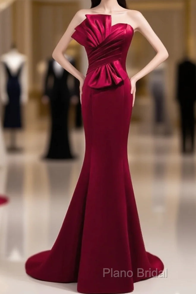 A Noble And Minimalist Wine Red Sleeveless Off Shoulder Ball Dresses With Wine Red Strapless Backless Straps And Ground Length Fishtail Formal Dresses Main image