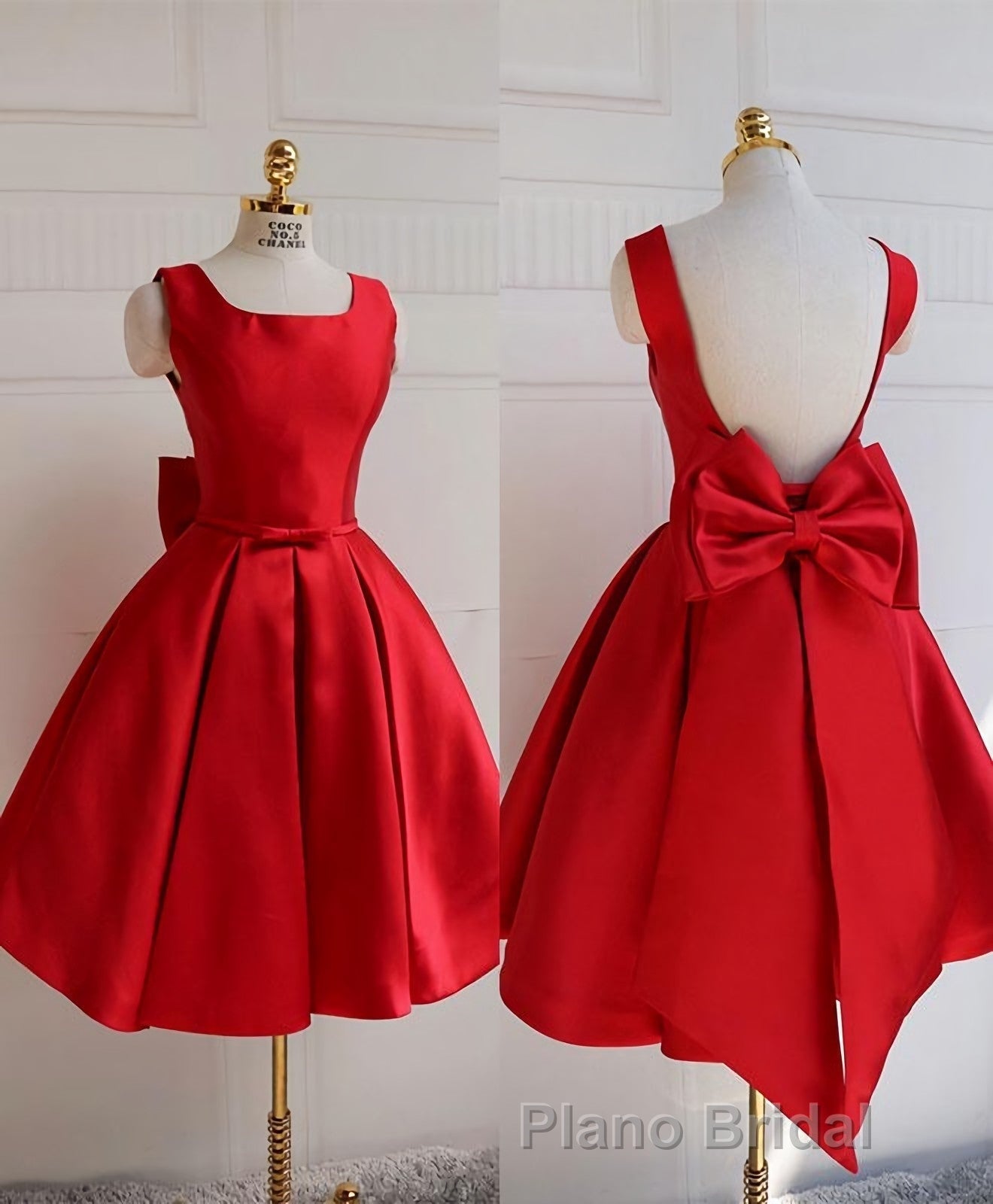 Cute A Line Satin Short Formal Prom Dresses, With Bow Evenig Dresses