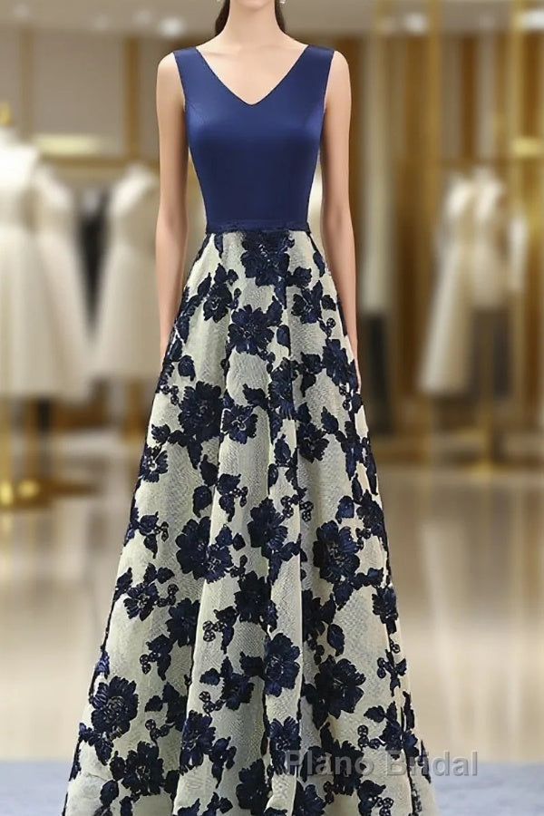 Stylish Dark Blue A Line V Neck Long Formal Prom Dresses, Dark Blue Evening Dresses