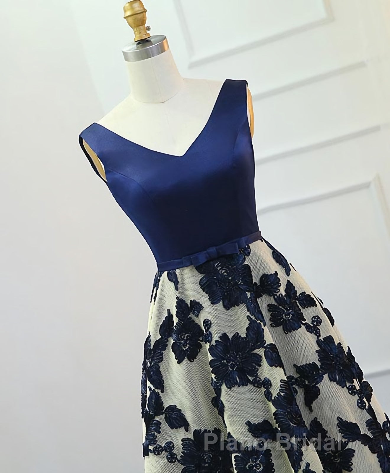 Stylish Dark Blue A Line V Neck Long Formal Prom Dresses, Dark Blue Evening Dresses Secondary image