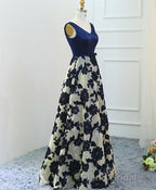 Stylish Dark Blue A Line V Neck Long Formal Prom Dresses, Dark Blue Evening Dresses
