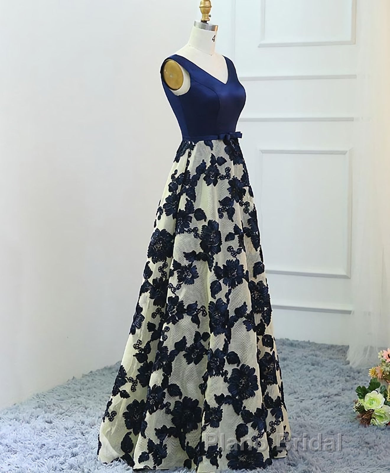 Stylish Dark Blue A Line V Neck Long Formal Prom Dresses, Dark Blue Evening Dresses