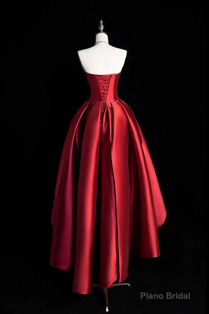 Burgundy Strapless Satin Party Dress, A-Line High Low Evening Dress