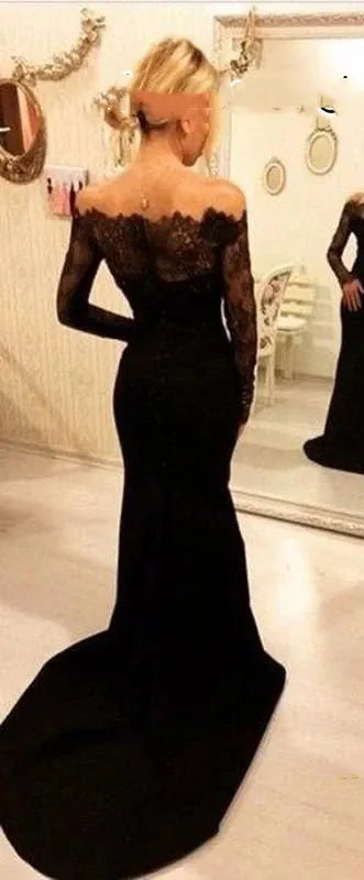 Long Black Mermaid Sexy Lace Top Party Long Sleeves Prom Dress , Cheap Evening Dress Secondary image