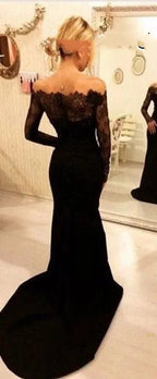 Long Black Mermaid Sexy Lace Top Party Long Sleeves Prom Dress , Cheap Evening Dress