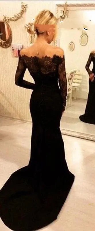 Long Black Mermaid Sexy Lace Top Party Long Sleeves Prom Dress , Cheap Evening Dress