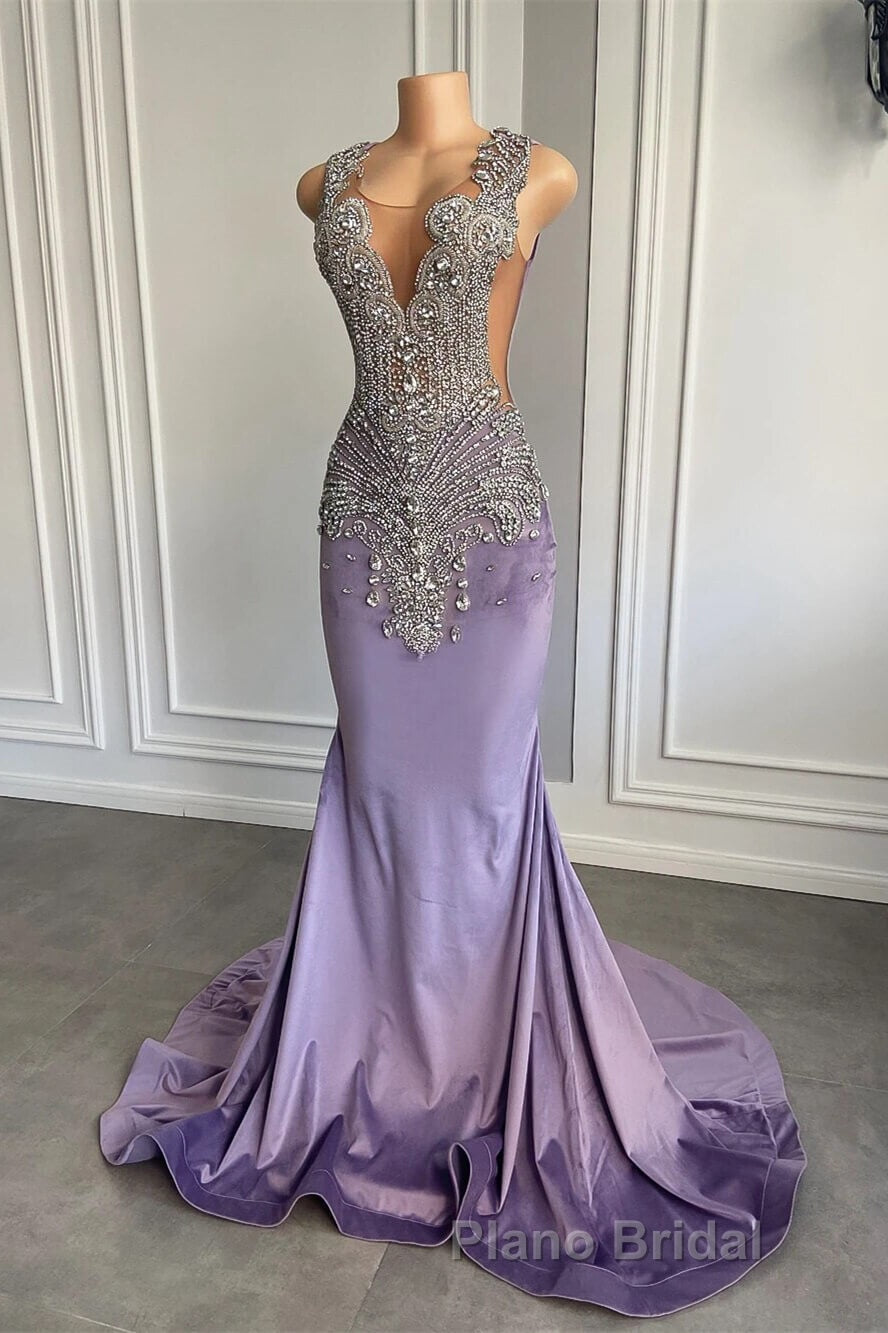 Lilac Mermaid Formal Prom Dress with Scoop Neckline Sleeveless and Crystal Beadings Secondary image