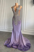 Lilac Mermaid Formal Prom Dress with Scoop Neckline Sleeveless and Crystal Beadings