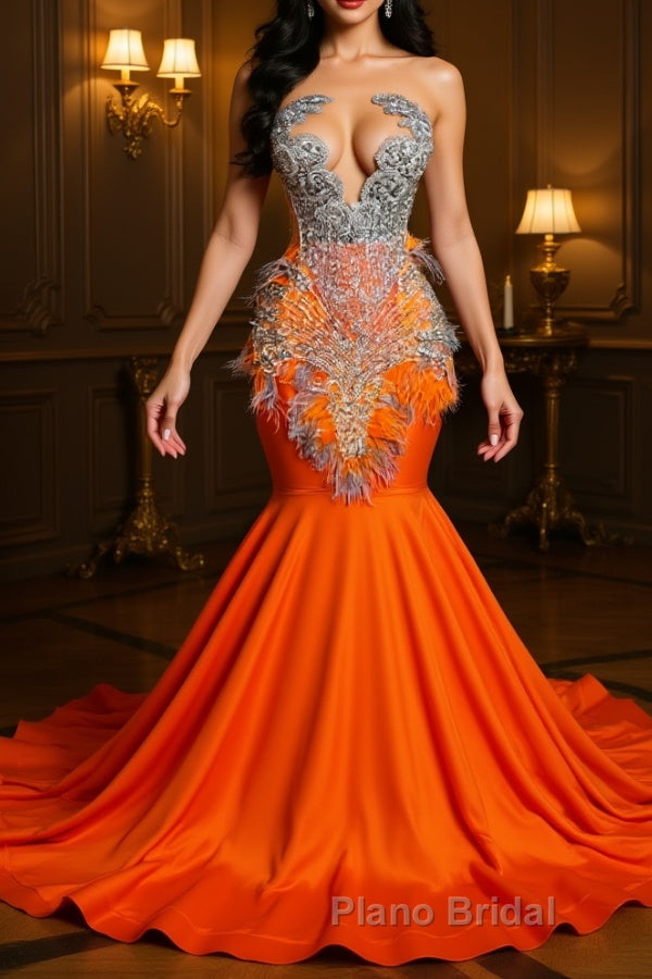 Orange Sleeveless Illusion Mermaid Formal Prom Dresses With Beadings and Feather Main image