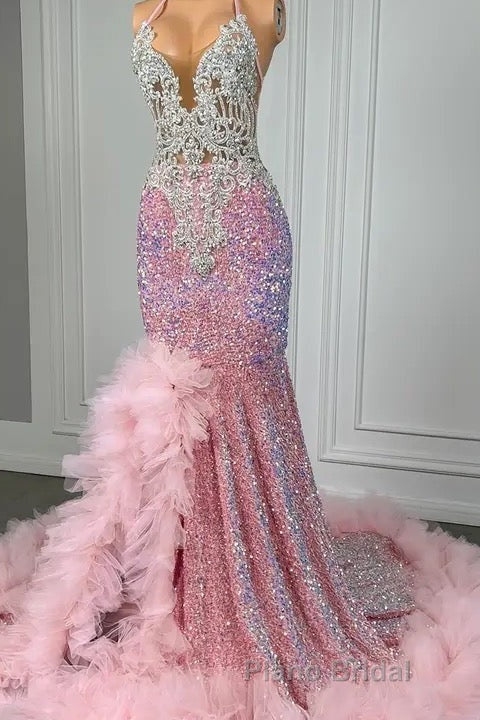 Pink Halter Mermaid Formal Prom Dress with Sequins Beadings and Tulle Ruffle Secondary image