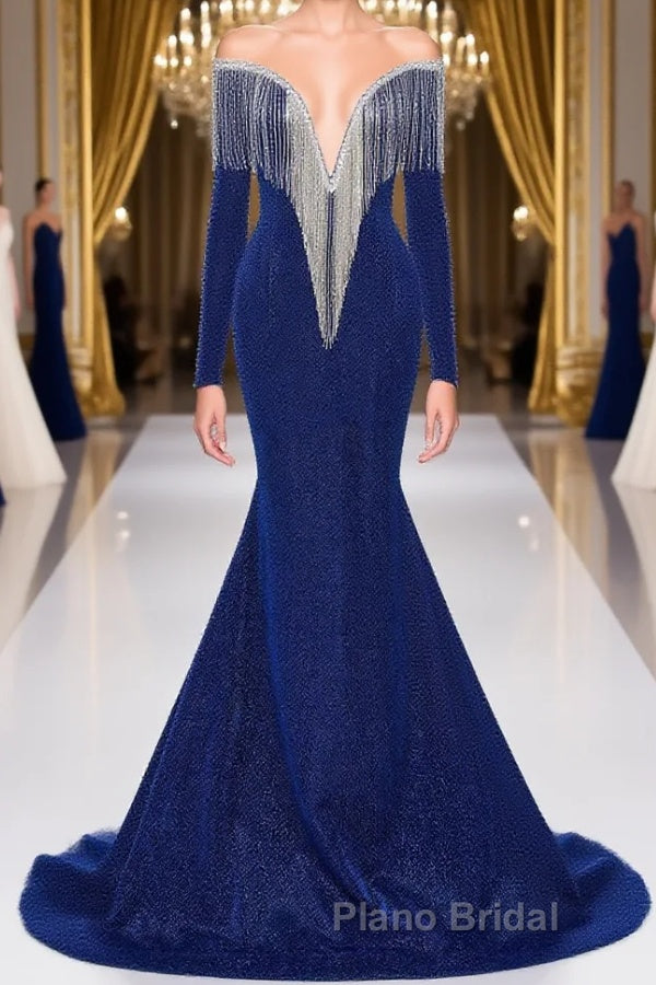 Deep V-neck Shiny Royal Blue Long sleeves Mermaid Formal Prom Dress Main image