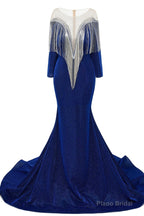 Deep V-neck Shiny Khaki Prom Dresses Long sleeves Mermaid Evening Party Dresses