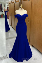 Long Navy Formal Prom Dresses Mermaid Off-the-Shoulder Sweetheart Sleeveless