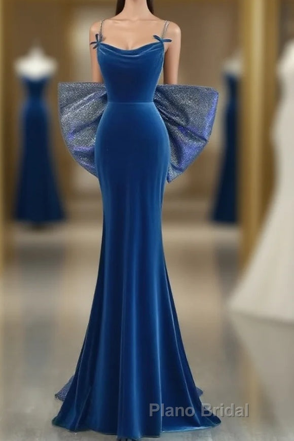 Simple Velvet Blue Mermaid Long Formal Prom Dress, Backless Velvet Blue Evening Dress Main image