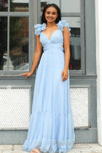 Lace-Up Fuchsia V-Neck Ruffle Pleated Long Formal Prom Dresses