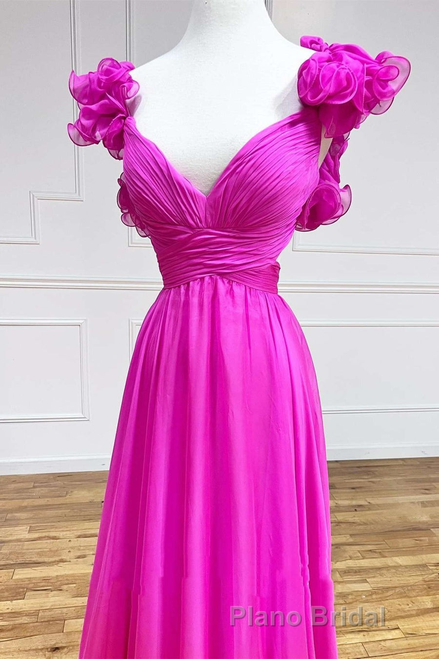 Lace-Up Fuchsia V-Neck Ruffle Pleated Long Formal Prom Dresses