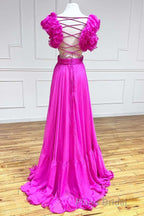 Lace-Up Fuchsia V-Neck Ruffle Pleated Long Formal Prom Dresses