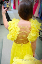 Lace-Up Fuchsia V-Neck Ruffle Pleated Long Formal Prom Dresses