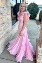 Lace-Up Fuchsia V-Neck Ruffle Pleated Long Formal Prom Dresses