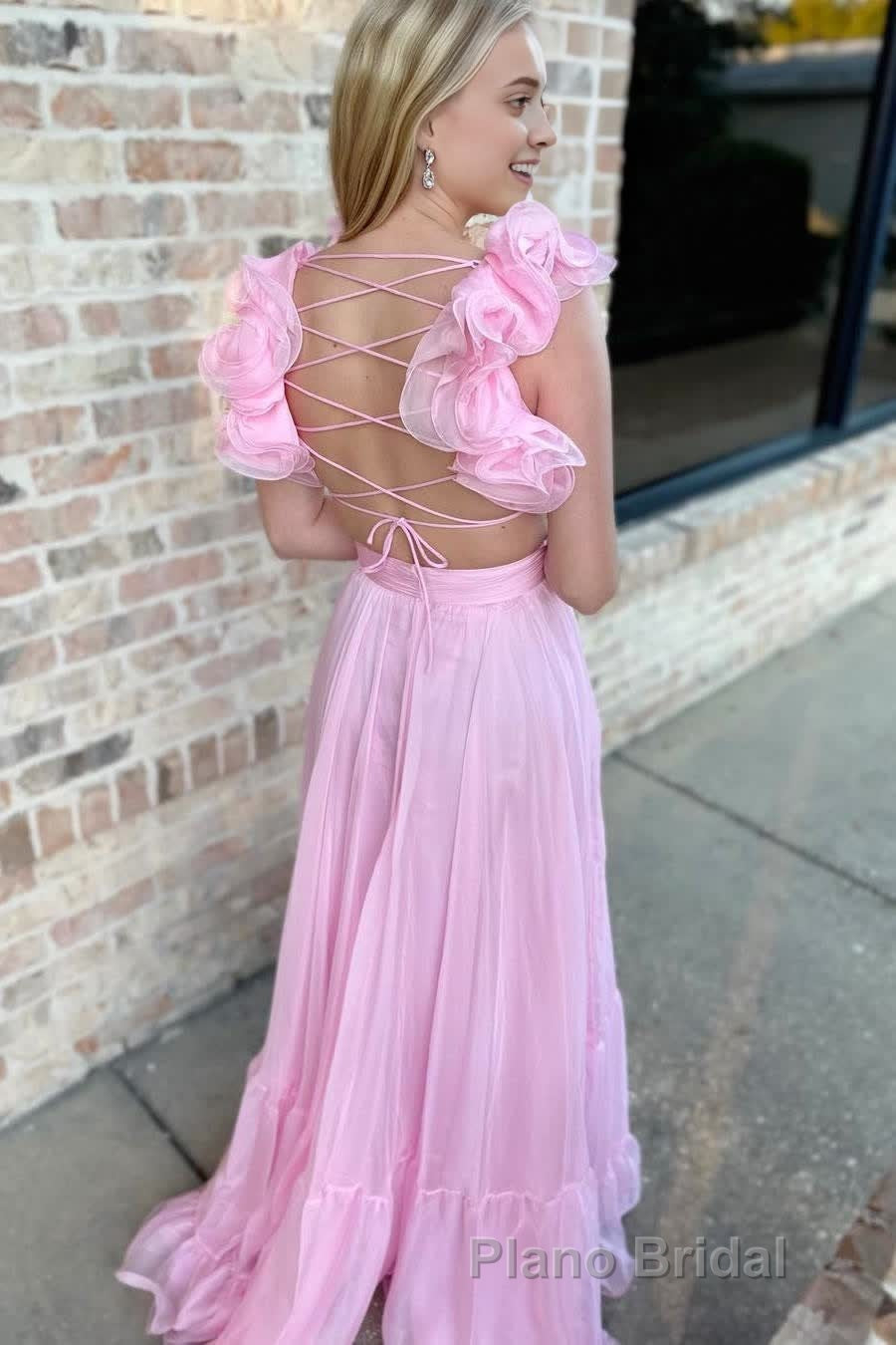 Lace-Up Fuchsia V-Neck Ruffle Pleated Long Formal Prom Dresses