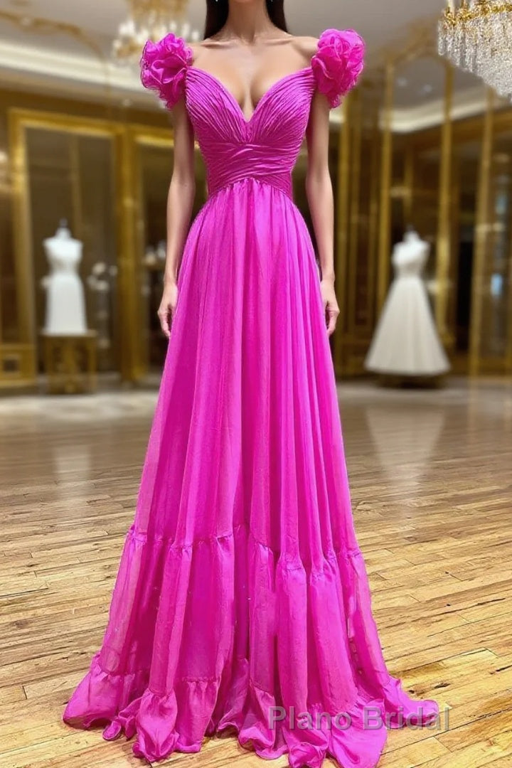 Lace-Up Fuchsia V-Neck Ruffle Pleated Long Formal Prom Dresses Main image